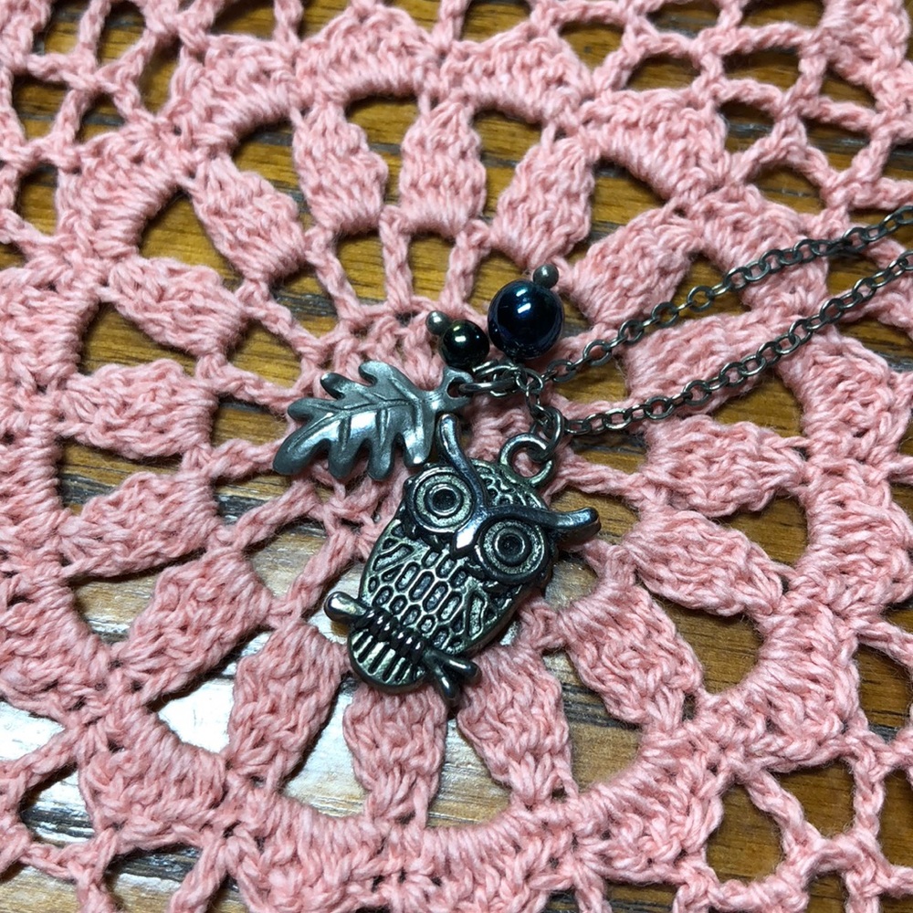 Boho Owl Necklace with leaf accent charm